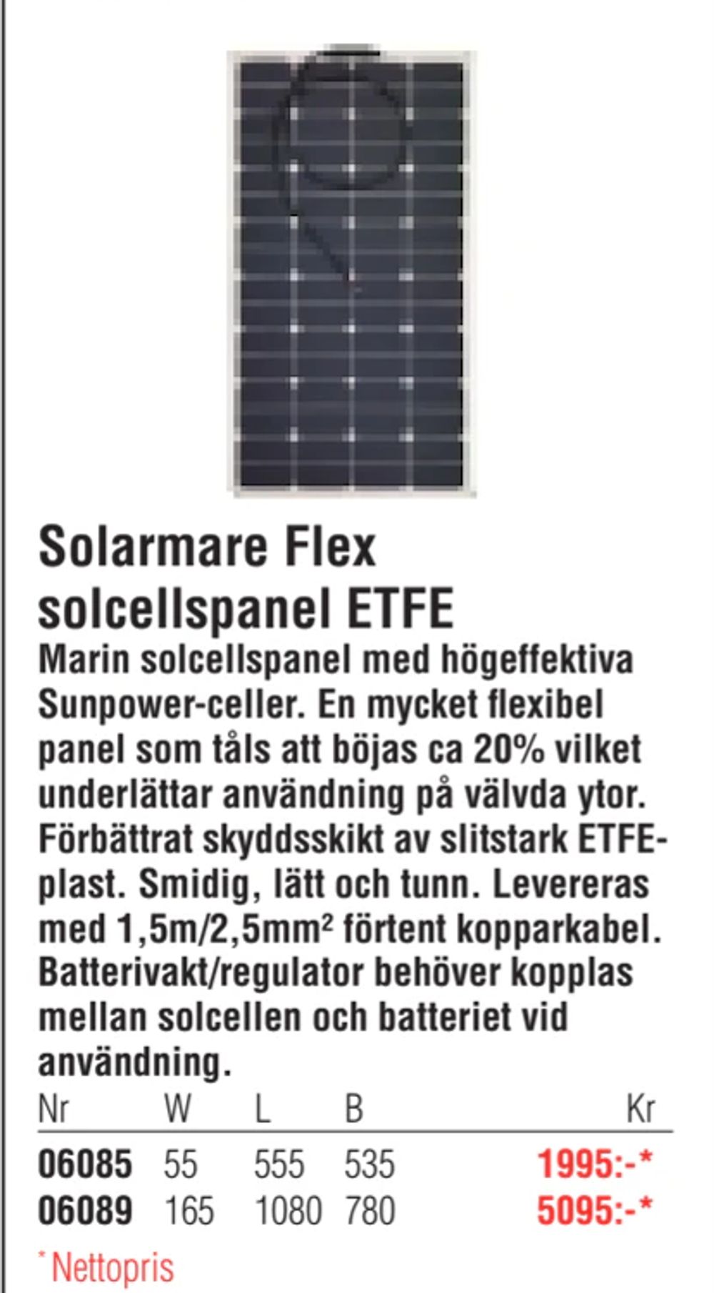 Erbjudanden på Solarmare Flex solcellspanel ETFE från Erlandsons Brygga för 1 995 kr