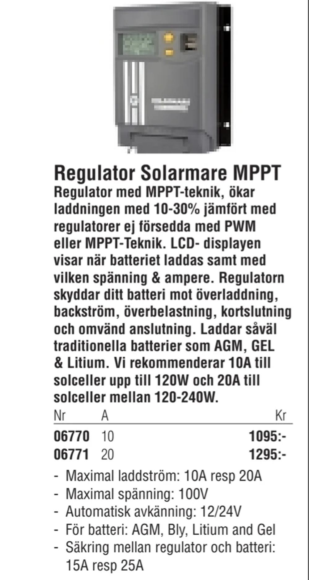 Erbjudanden på Regulator Solarmare MPPT från Erlandsons Brygga för 1 095 kr