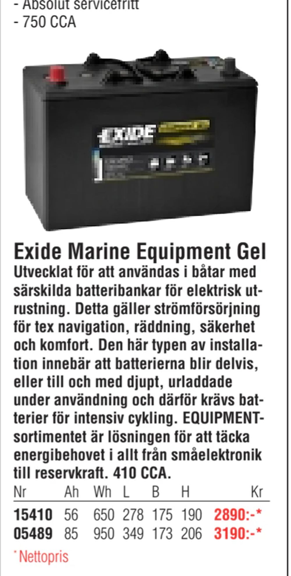 Erbjudanden på Exide Marine Equipment Gel från Erlandsons Brygga för 2 890 kr