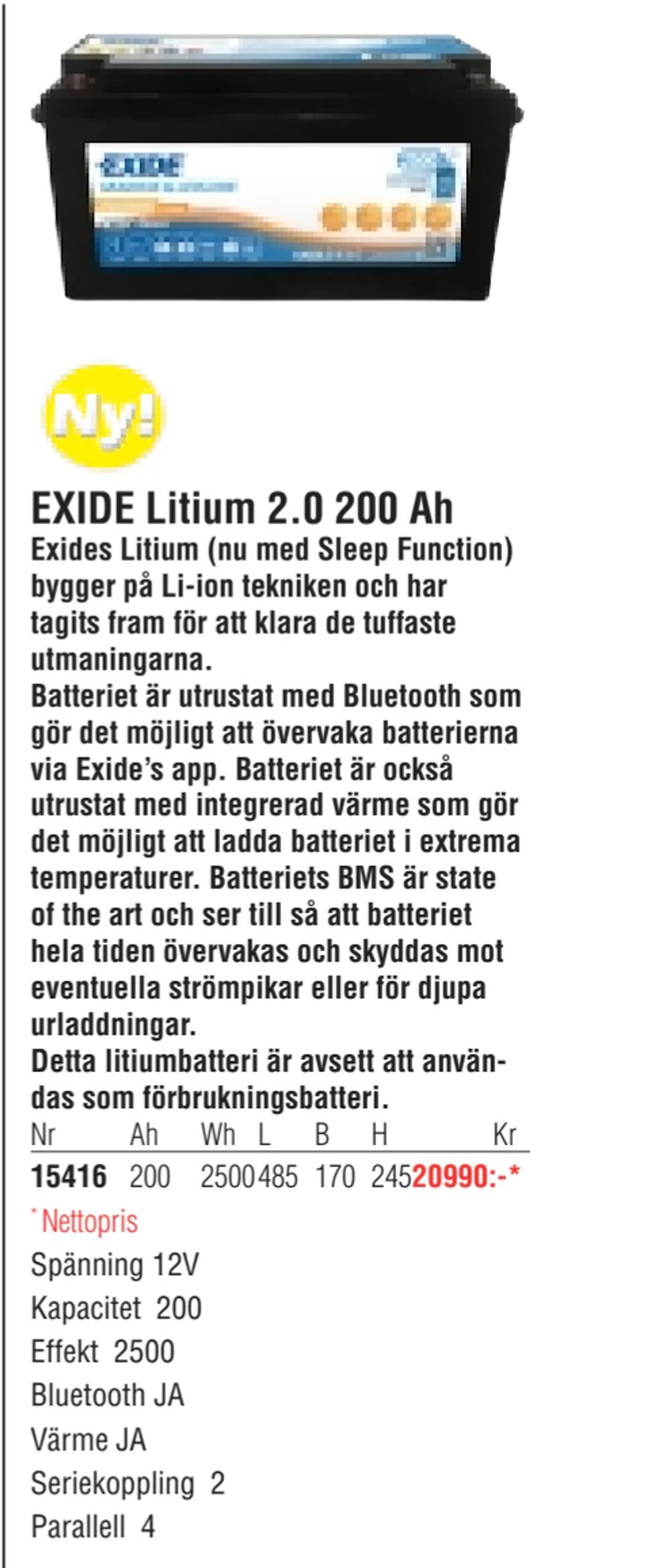 Erbjudanden på EXIDE Litium 2.0 200 Ah från Erlandsons Brygga för 20 990 kr