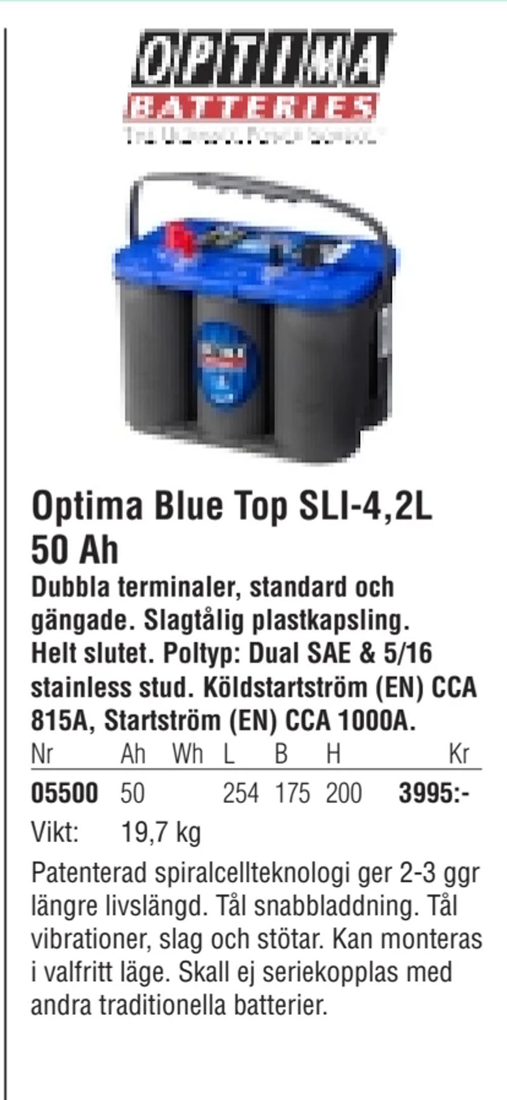 Erbjudanden på Optima Blue Top SLI-4,2L 50 Ah från Erlandsons Brygga för 3 995 kr