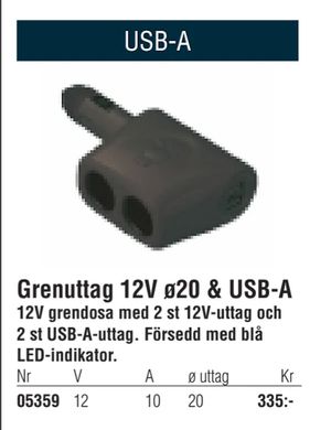 Grenuttag 12V ø20 & USB-A