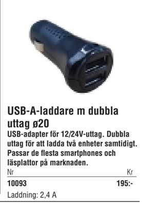 USB-A-laddare m dubbla uttag ø20