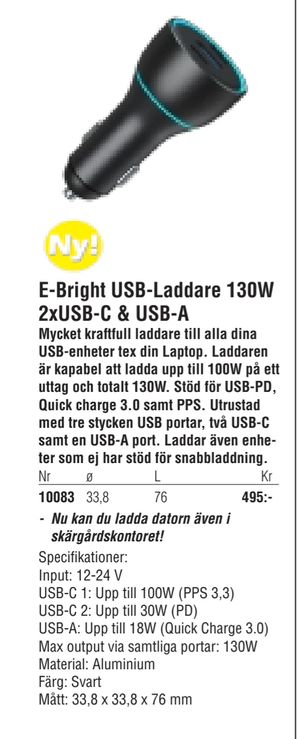 E-Bright USB-Laddare 130W 2xUSB-C & USB-A