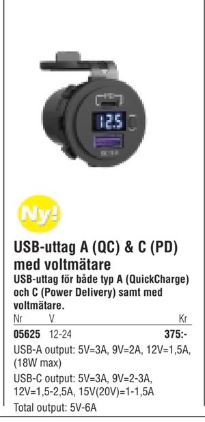 USB-uttag A (QC) & C (PD) med voltmätare