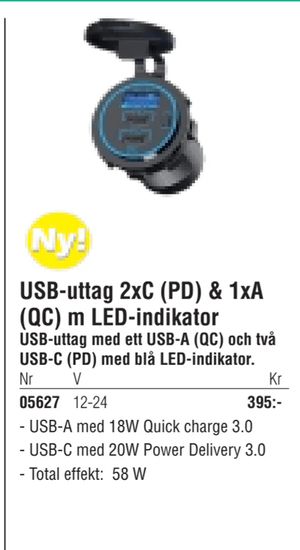 USB-uttag 2xC (PD) & 1xA (QC) m LED-indikator