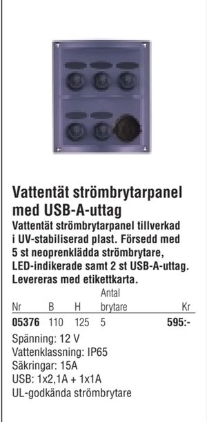 Vattentät strömbrytarpanel med USB-A-uttag