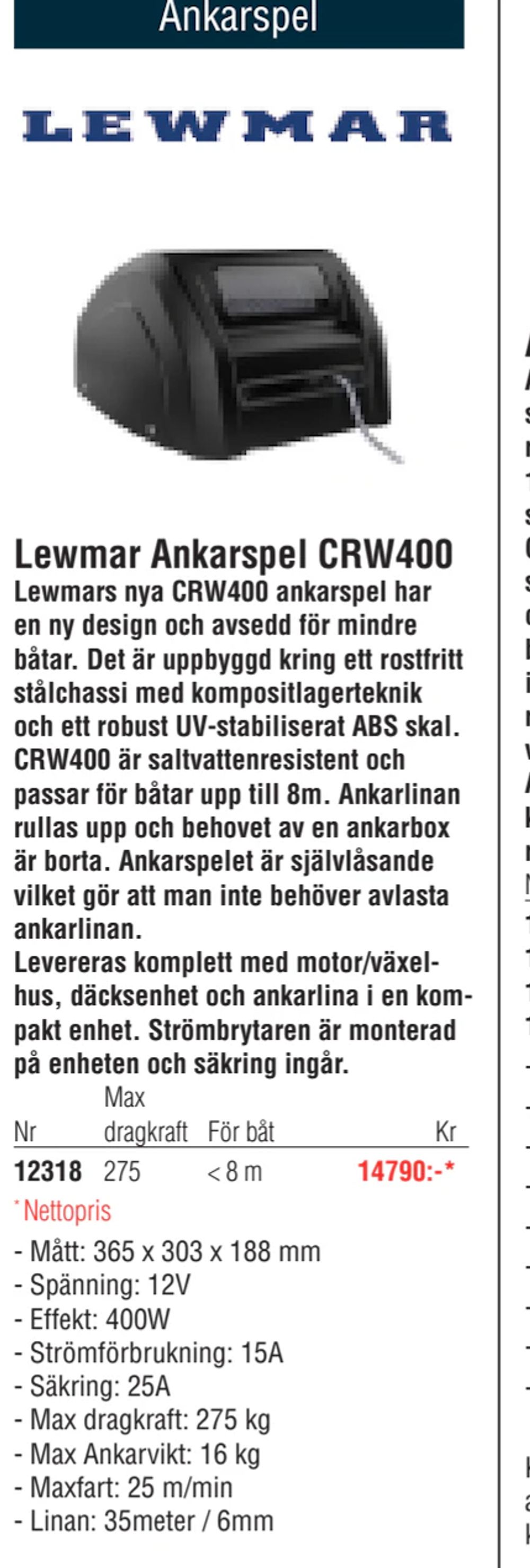 Erbjudanden på Lewmar Ankarspel CRW400 från Erlandsons Brygga för 14 790 kr