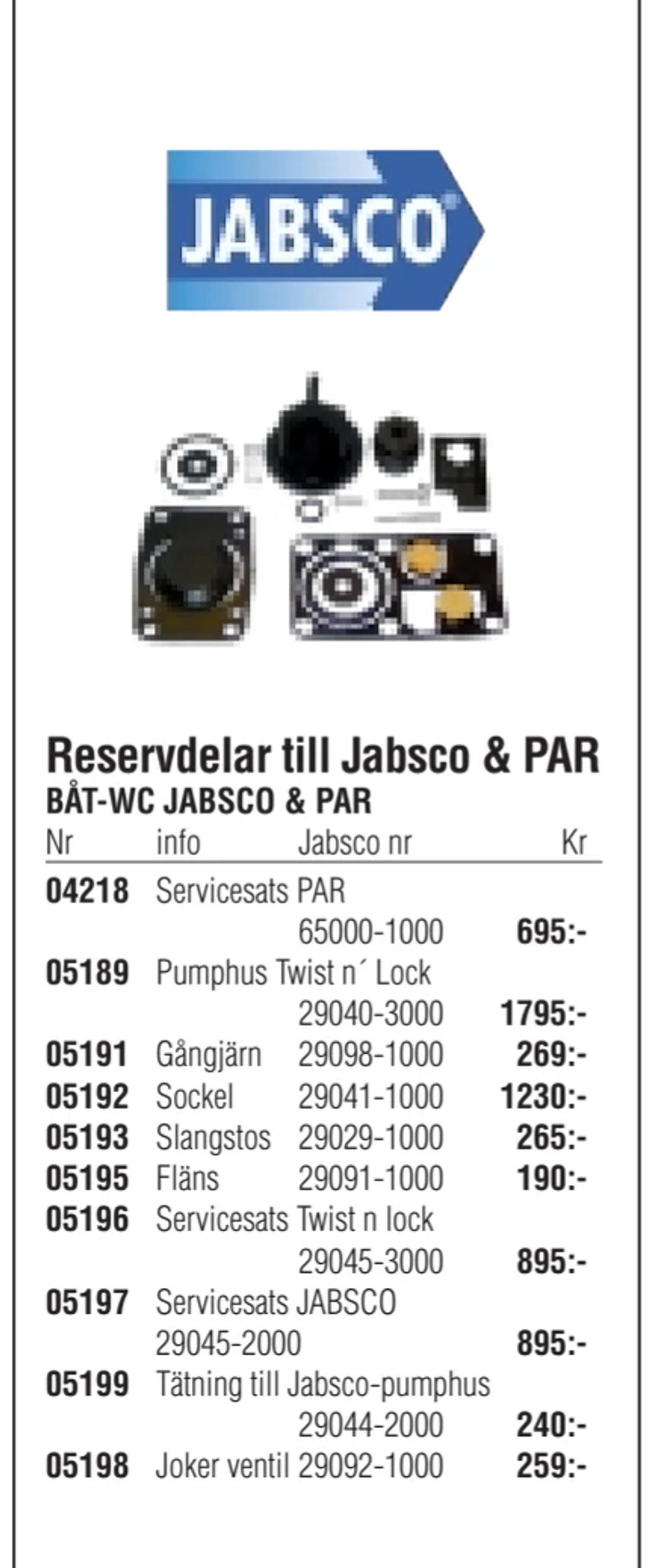 Erbjudanden på Reservdelar till Jabsco & PAR från Erlandsons Brygga för 190 kr