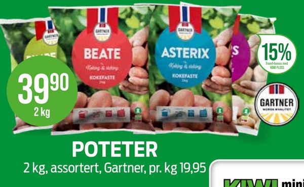 POTETER 2 kg, assortert, Gartner, pr. kg 19,95
15% Trumf-bonus med KIWI PLUSS