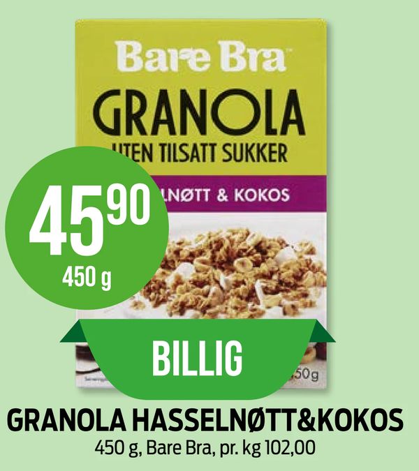 GRANOLA HASSELNØTT&KOKOS 450 g, Bare Bra, pr. kg 102,00