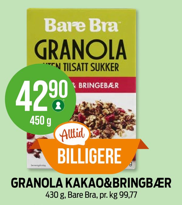 GRANOLA KAKAO&BRINGBÆR 430 g, Bare Bra, pr. kg 99,77