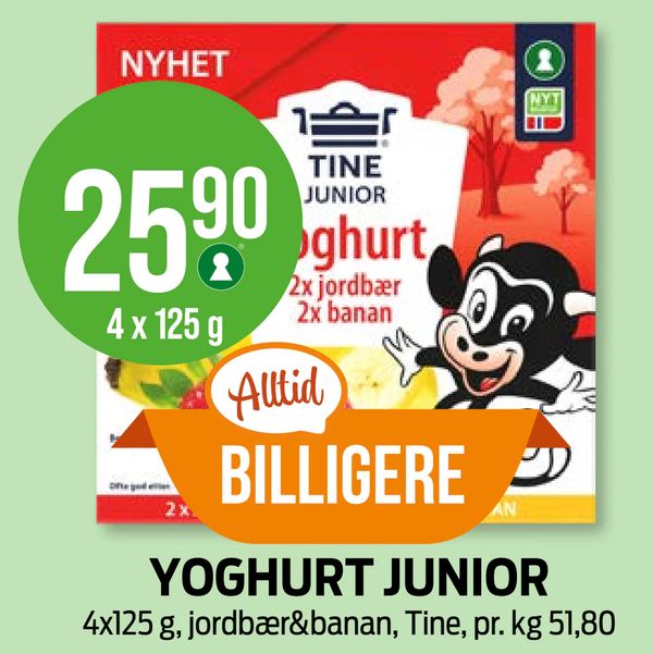 YOGHURT JUNIOR 4x125 g, jordbær&banan, Tine, pr. kg 51,80