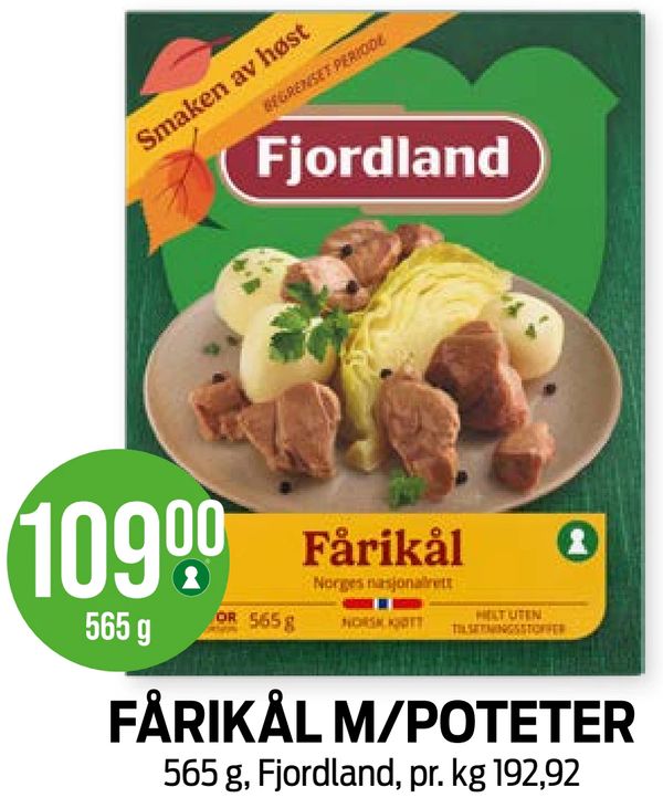 FÅRIKÅL M/POTETER 565 g, Fjordland, pr. kg 192,92