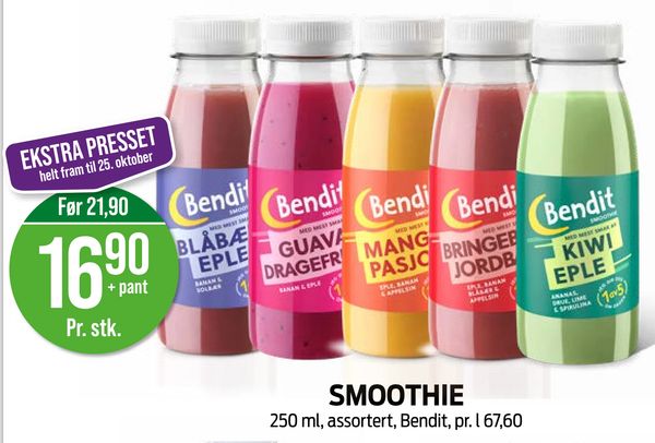 SMOOTHIE EKSTRA PRESSET helt fram til 25. oktober
Før 21,90
+ pant
Pr. stk.
250 ml, assortert, Bendit, pr. l 67,60