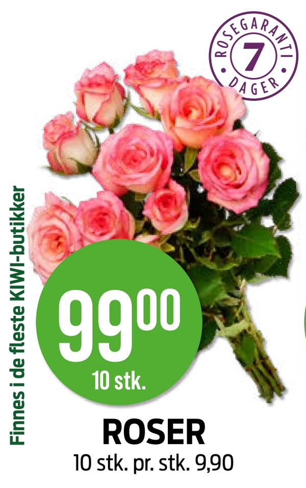 ROSER 10 stk.
10 stk. pr. stk. 9,90
Finnes i de fleste KIWI-butikker
ROSEGARANTI 7 DAGER
