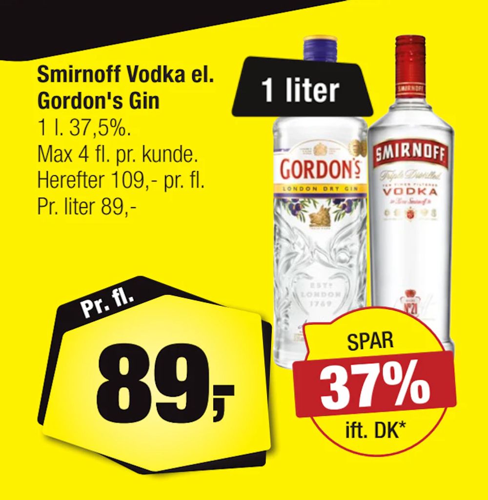 Tilbud på Smirnoff Vodka el. Gordon's Gin fra Calle til 89 kr.