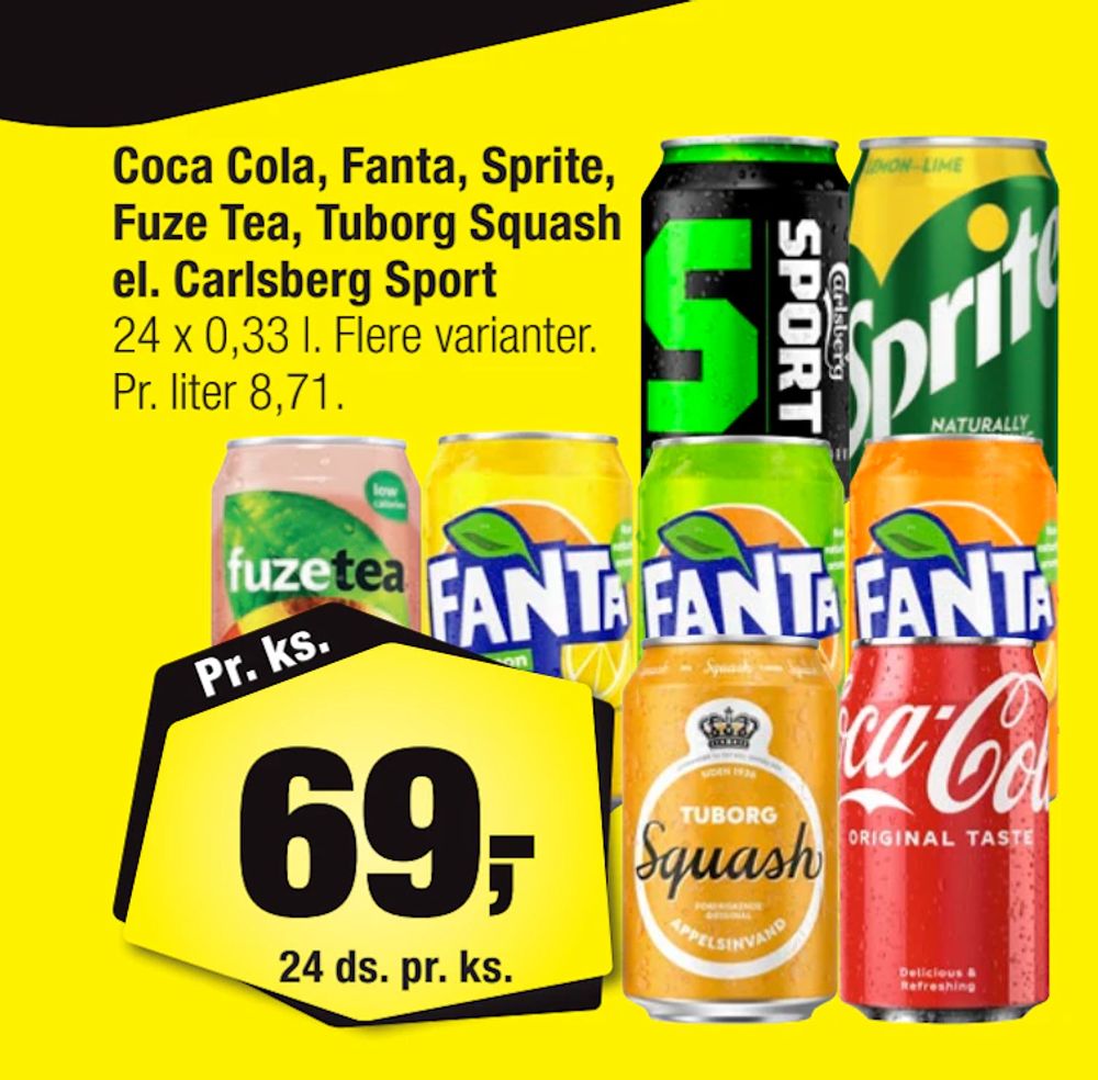 Tilbud på Coca Cola, Fanta, Sprite, Fuze Tea, Tuborg Squash el. Carlsberg Sport fra Calle til 69 kr.