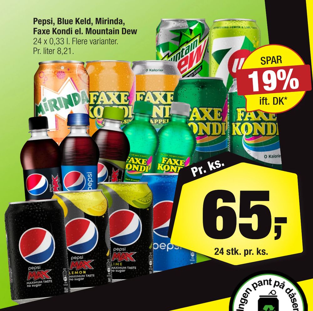 Tilbud på Pepsi, Blue Keld, Mirinda, Faxe Kondi el. Mountain Dew fra Calle til 65 kr.