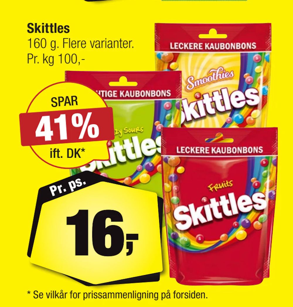 Tilbud på Skittles fra Calle til 16 kr.