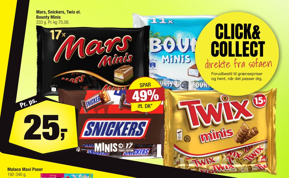 Tilbud på Mars, Snickers, Twix el. Bounty Minis fra Calle til 25 kr.