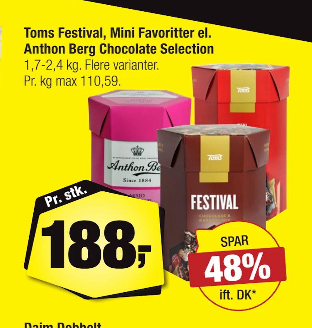 Tilbud på Toms Festival, Mini Favoritter el. Anthon Berg Chocolate Selection fra Calle til 188 kr.
