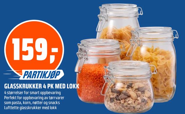 GLASSKRUKKER 4 PK MED LOKK PARTIKJØP 4 størrelser for smart oppbevaring Perfekt for oppbevaring av tørrvarer som pasta, korn, nøtter og snacks Lufttette glasskrukker med lokk
