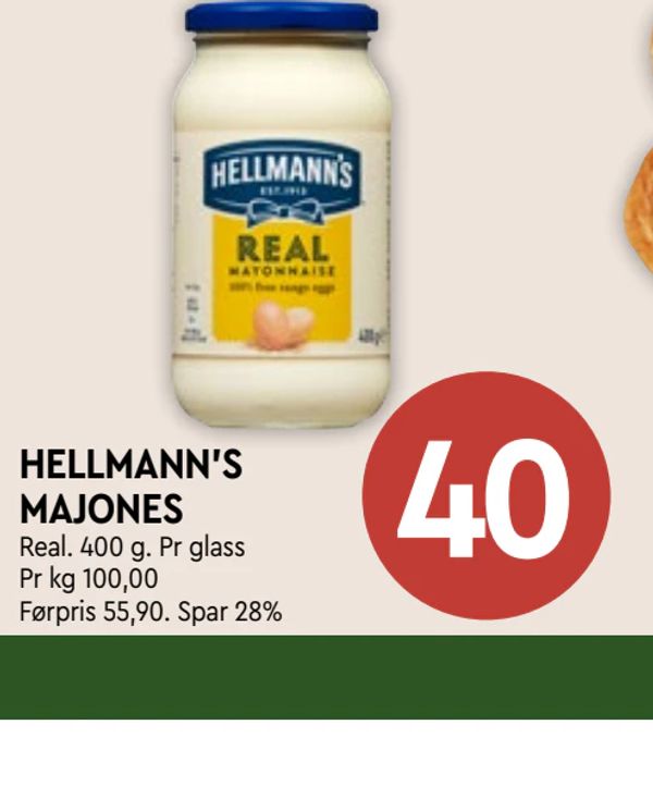 HELLMANN'S MAJONES Real. 400 g. Pr glass Pr kg 100,00 Førpris 55,90. Spar 28%