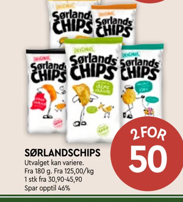 SØRLANDSCHIPS Utvalget kan variere. Fra 180 g. Fra 125,00/kg 1 stk fra 30,90-45,90 Spar opptil 46%