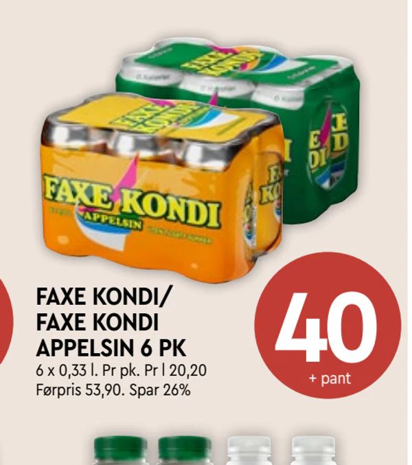 FAXE KONDI/ FAXE KONDI APPELSIN 6 PK 6 x 0,33 l. Pr pk. Pr l 20,20 Førpris 53,90. Spar 26% + pant