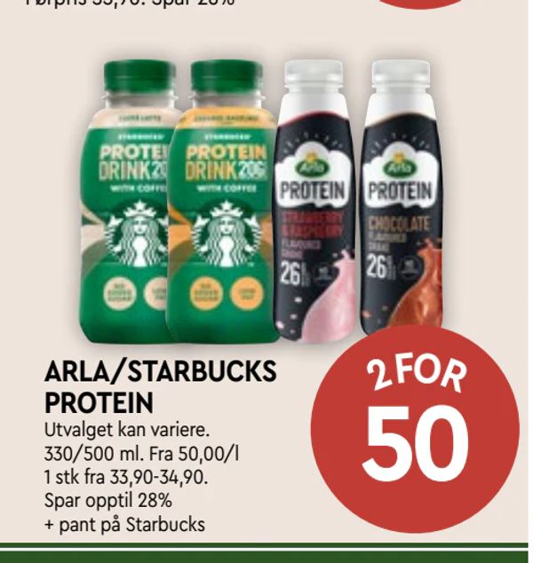 ARLA/STARBUCKS PROTEIN Utvalget kan variere. 330/500 ml. Fra 50,00/l 1 stk fra 33,90-34,90. Spar opptil 28% + pant på Starbucks