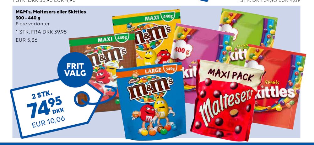 Tilbud på M&M’s, Maltesers eller Skittles 300 - 440 g fra Scandlines Travel Shop til 74,95 kr.