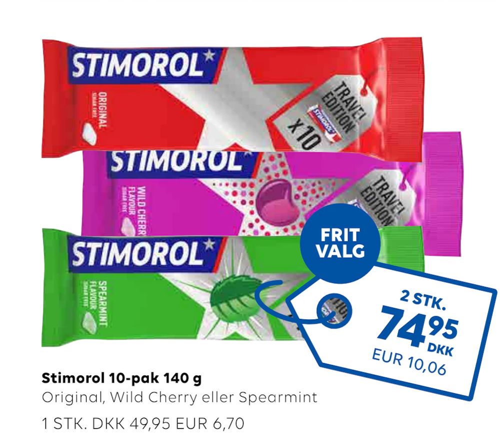 Tilbud på Stimorol 10-pak 140 g fra Scandlines Travel Shop til 74,95 kr.