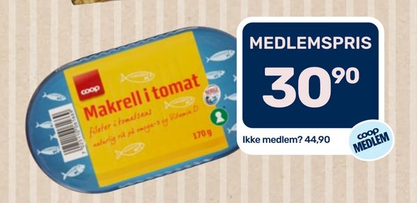 Coop Makrell i tomat fileter i tomatsaus naturlig rik på omega-3 og Vitamin D 170g MEDLEMSPRIS 30,90 Ikke medlem? 44,90 coop MEDLEM