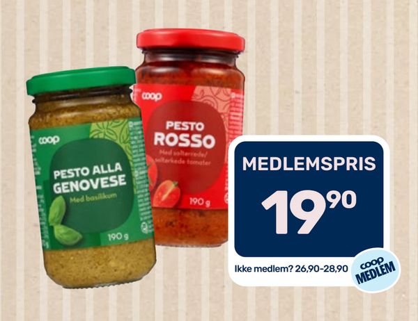 Coop Pesto Alla Genovese / Pesto Rosso PESTO ALLA GENOVESE Med basilikum 190 g PESTO ROSSO Med soltørkede/soltørkede tomater 190 g MEDLEMSPRIS 19,90 Ikke medlem? 26,90-28,90 coop MEDLEM