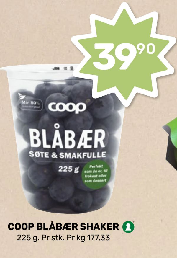 COOP BLÅBÆR SHAKER 225 g. Pr stk. Pr kg 177,33