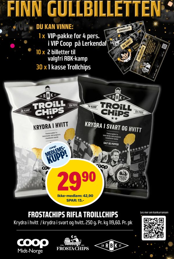 FROSTACHIPS RIFLA TROILLCHIPS Krydra i hvitt / krydra i svart og hvitt. 250 g. Pr. kg 119,60. Pr. pk