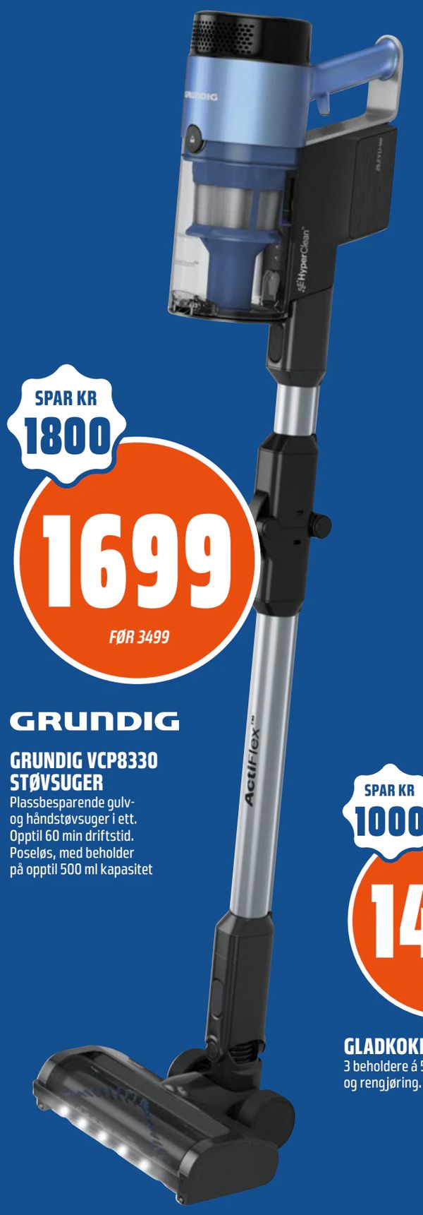 GRUNDIG VCP8330 STØVSUGER Plassbesparende gulv- og håndstøvsuger i ett. Opptil 60 min driftstid. Poseløs, med beholder på opptil 500 ml kapasitet