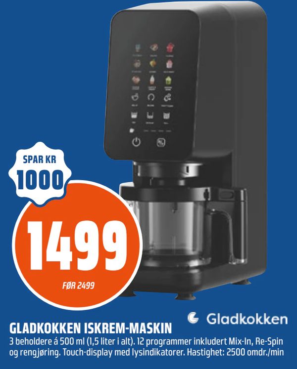GLADKOKKEN ISKREM-MASKIN 3 beholdere á 500 ml (1,5 liter i alt). 12 programmer inkludert Mix-In, Re-Spin og rengjøring. Touch-display med lysindikatorer. Hastighet: 2500 omdr./min
