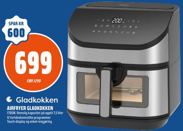 AIRFRYER GLADKOKKEN 1700W. Romslig kapasitet på opptil 7,5 liter 12 forhåndsinnstilte programmer Touch-display og enkel rengjøring