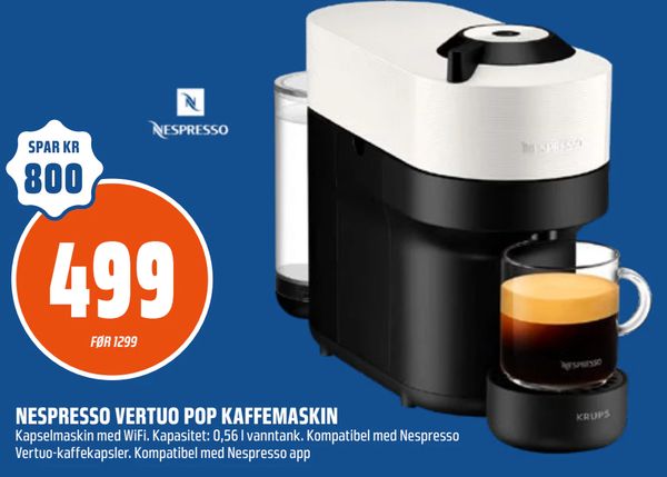 NESPRESSO VERTUO POP KAFFEMASKIN Kapselmaskin med WiFi. Kapasitet: 0,56 l vanntank. Kompatibel med Nespresso Vertuo-kaffekapsler. Kompatibel med Nespresso app