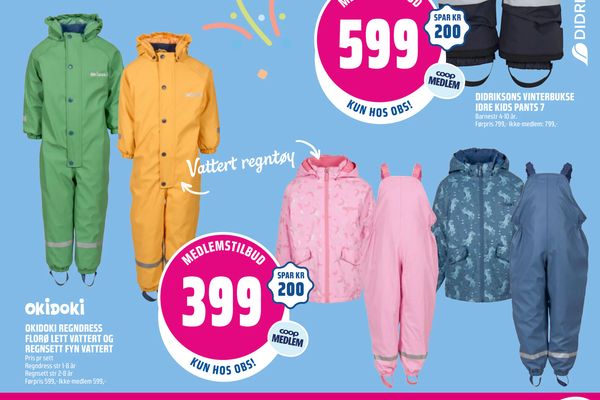 OKIDOKI REGNDRESS FLORØ LETT VATTERT OG REGNSETT FYN VATTERT Pris pr sett Regndress str 1-8 år Regnsett str 2-8 år Førpris 599,- Ikke-medlem 599,-