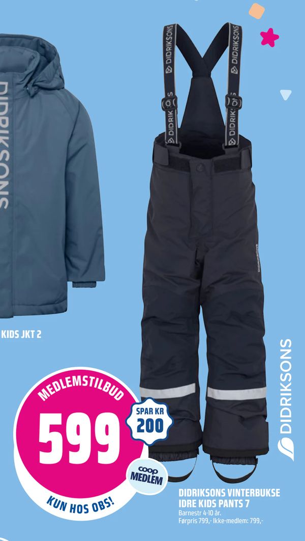 DIDRIKSONS VINTERBUKSE IDRE KIDS PANTS 7 Barnestr 4-10 år. Førpris 799,- Ikke-medlem: 799,-