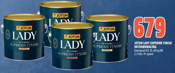 JOTUN LADY SUPREME FINISH INTERIØRMALING Glansgrad 03, 15, 40 og 80 2,7 liter. Pr spann