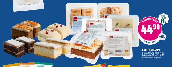 COOP KAKE 2 PK 6 varianter. 250-300 g. Pr pk Pr kg fra 149,67. før fra 63,90 Ikke-medlem: se hyllepris