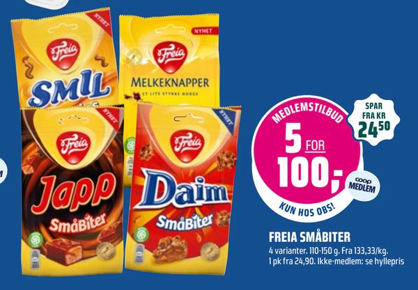 FREIA SMÅBITER 4 varianter. 110-150 g. Fra 133,33/kg. 1 pk fra 24,90. Ikke-medlem: se hyllepris