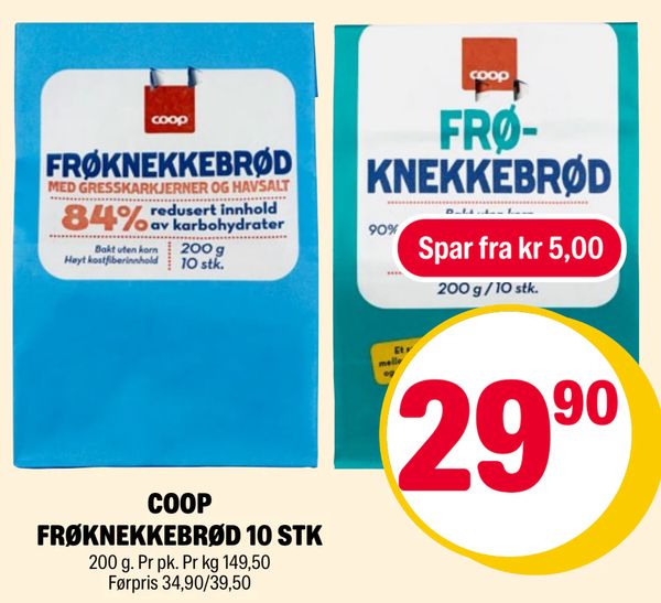 COOP FRØKNEKKEBRØD 10 STK 200 g. Pr pk. Pr kg 149,50 Førpris 34,90/39,50 Spar fra kr 5,00