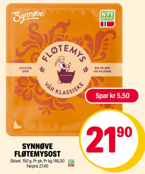 SYNNØVE FLØTEMYSOST Skivet. 150 g. Pr pk. Pr kg 146,00 Førpris 27,40 Spar kr 5,50