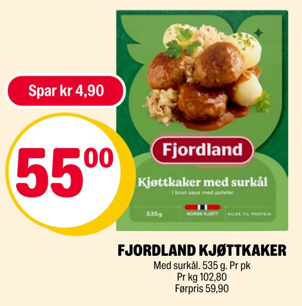 FJORDLAND KJØTTKAKER Med surkål. 535 g. Pr pk Pr kg 102,80 Førpris 59,90