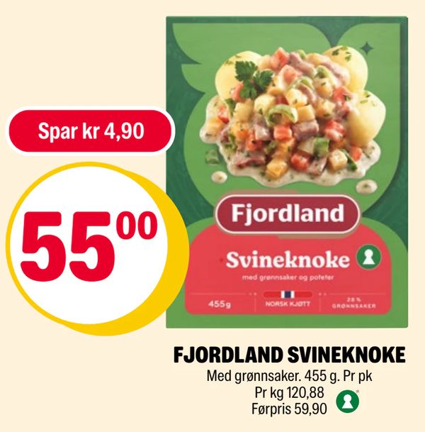 FJORDLAND SVINEKNOKE Med grønnsaker. 455 g. Pr pk Pr kg 120,88 Førpris 59,90